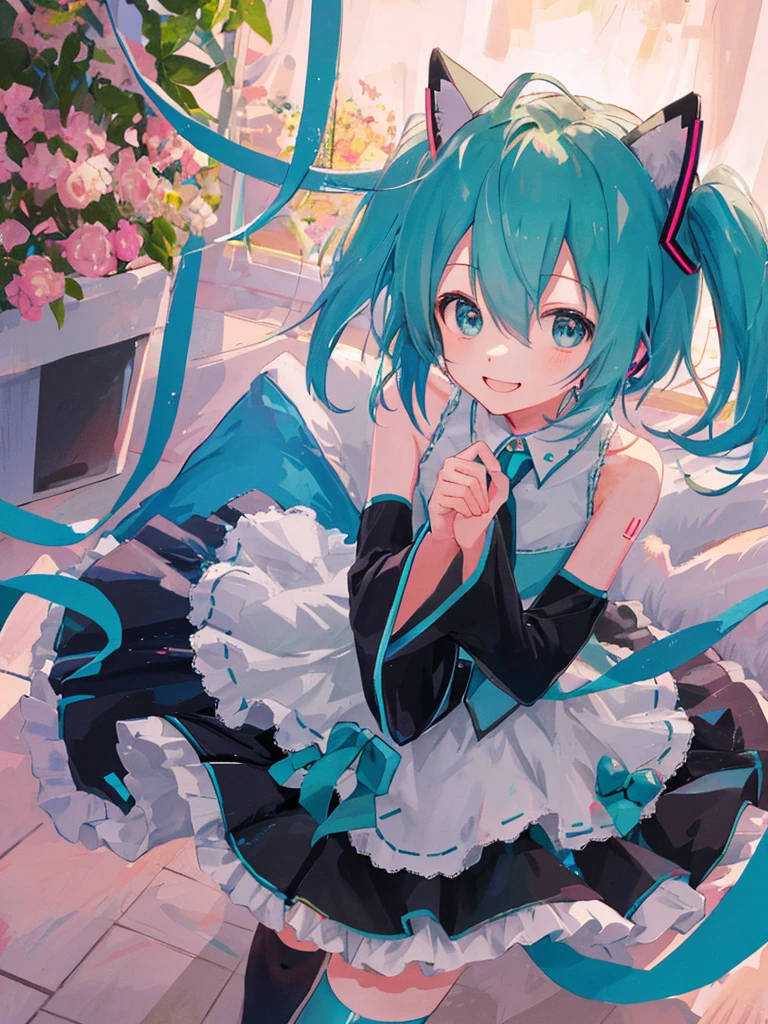 hatsune miku, cute, cat ears, smiling, short hair