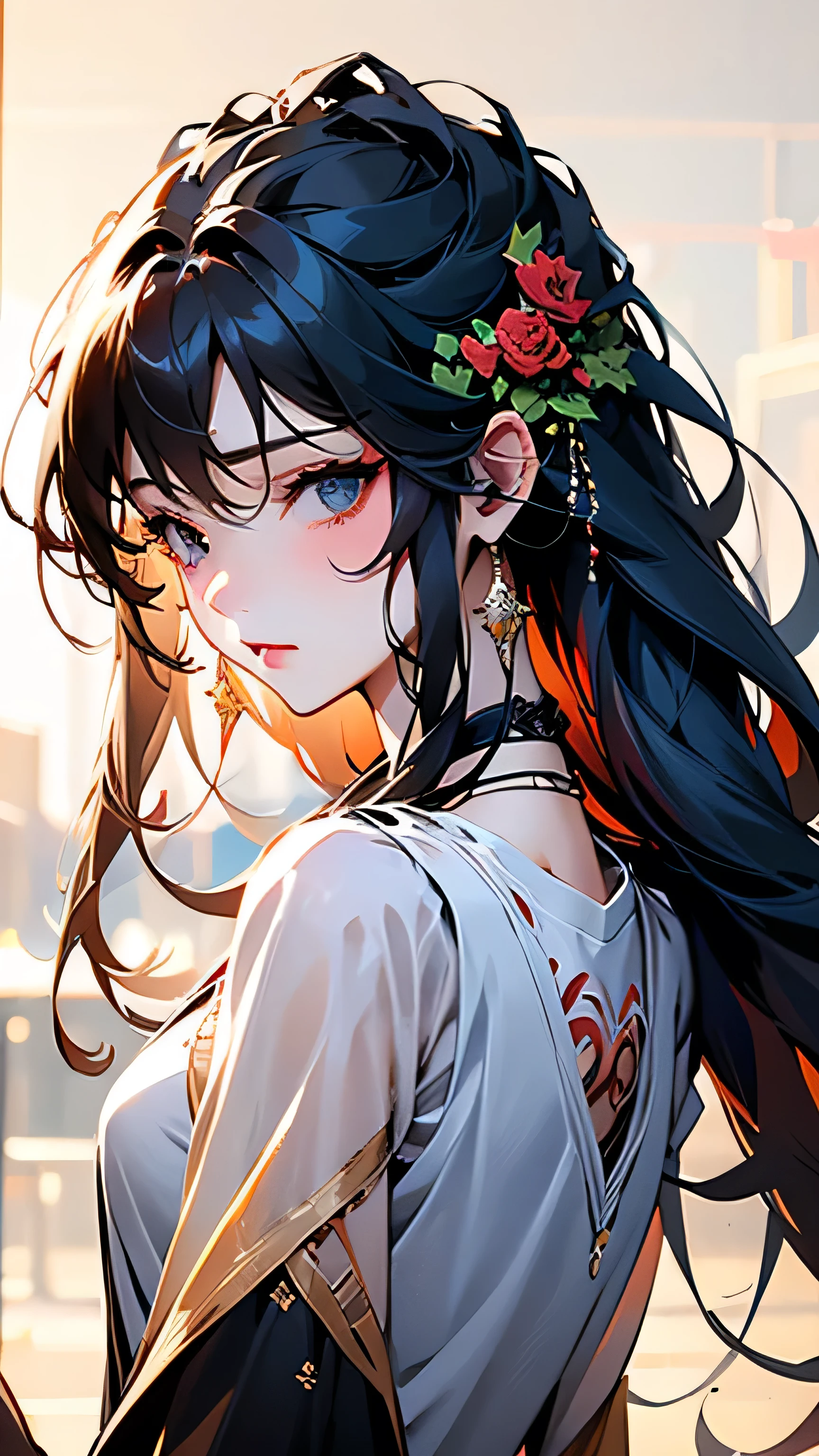 animemanga girl，Long black hair，whiteskirt，red rose, Tattooed with, Delicate and beautiful eyes, guweiz, guweiz on pixiv artstation, detailed digital anime art, Beautiful anime girls, guweiz on artstation pixiv, Anime style 4k, Guys, a beautiful anime portrait, detailed portrait of an anime girl, detailed anime art, beautiful anime woman