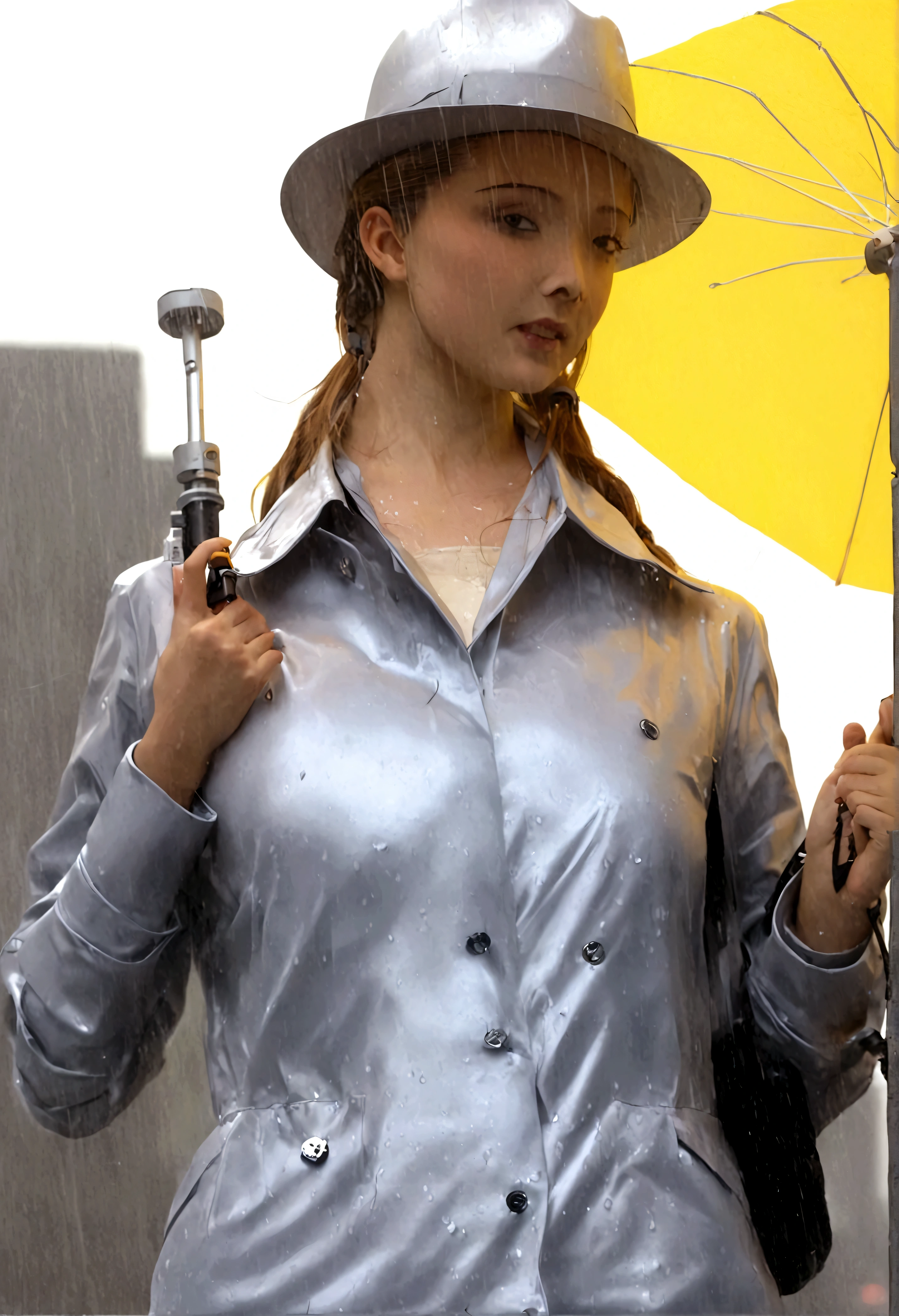 A female version of Inspector Gadget (cute sexy inspector 2 piece outfit, detective hat that has opened at the top and extended a robot arm holding an umbrella), downpour rain, new york