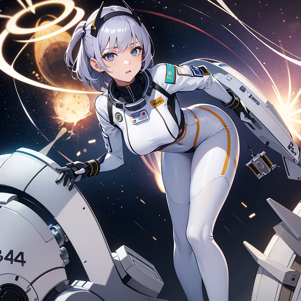 A female astronaut, Youngh, 18 to 22 years old, cyborg, slim body, big ass, thin hips, breasts small, extremely provocative clothes, perfect vagina silhouette, realisitic, HD, 4K.