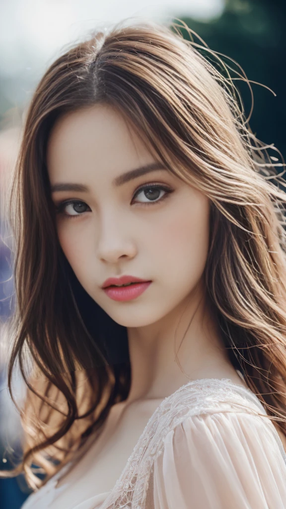 (8K, Raw photo, Photorealistic:1.25) ,( Lip gloss,Glossy finish, Glossy skin, Best Quality, 超A high resolution, chromatic abberation, Caustics, Wide light, Natural Shadow) look with serenity and goddess-like bliss to the spectators,(depth of fields:1.6), (colorful unfocused lights on background:1.2) ,very natural make-up,Shot on a cloudy day . Big eyes.Downcast eyes. The distant look in her eyes、(Chic and classy dresses)(Stylish as a professional model)、Radio City、Medium Hair
