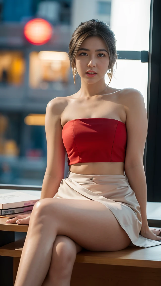 in the office，a young beautiful lady，Wear professional attire，suit，red bandeau underwear，slit covered skirt。Bigger and wider hips，thin waist，some。Dressed up with jewelry，earrings，watch，High heel，black stockings。Painted with light makeup，beautiful eyeeautiful lips，very beautiful，Very temperamental。sitting at desk，camel toe，Look at the file，With books。Background  modern city office buildings，Very modern，There  a lot of space，Outside the window  the night view of the city，Modern Shanghai city night view。8 p.m，City neon lights flashing。Professional lighting effectovie shot，intricate details，The best resolution，masterpiece。