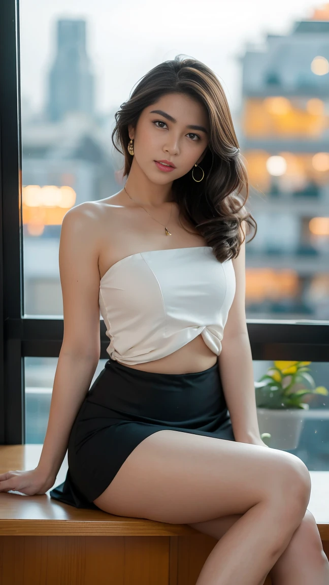 in the office,a young beautiful lady,Wear professional attire,suit,red bandeau underwear,slit covered skirt。Bigger and wider hips,thin waist,some。Dressed up with jewelry,earrings,watch,High heel,black stockings。Painted with light makeup,beautiful eyeeautiful lips,very beautiful,Very temperamental。sitting at desk,camel toe,Look at the file,With books。Background modern city office buildings,Very modern,There a lot of space,Outside the window the night view of the city,Modern Shanghai city night view。8 p.m,City neon lights flashing。Professional lighting effectovie shot,intricate details,The best resolution,masterpiece。