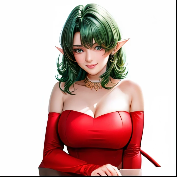 (masterpiece,best quality,Ultra-delicate,high resolution,Perfect Face,16k,very beautiful girl),Medium short deep green hair:1.2, Red strapless bodycon tube dress ,Red long arm sleeves,Elf Girl,((large Breasts)),blue eyes,smile