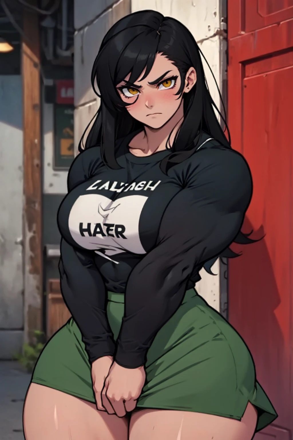 huge muscles huge breasts huge thighs pale skin black hair yellow eyes very long hair muscular girl sad expressionless plated skirt long sleeve tight t-shirt