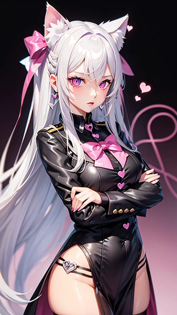 Silver hair, pink eyes, body, cat ears, sexy girl, earrings, heart background fantasy, uniform, hair bow