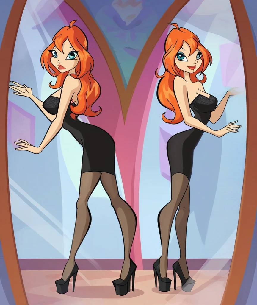 bl_oom, 1girl, ginger hair, blue eyes, looking at viewer, standing up, side view, Full Body lust, spreading legs, black lace tight minidress, strapless, big Breasts, naked shoulders, big neckline, naked legs, Long Legs, show complete body, black thigh high platform heels, touching her Breasts, next to a body mirror, simple background, score_9, score_8_up, score_7_up,