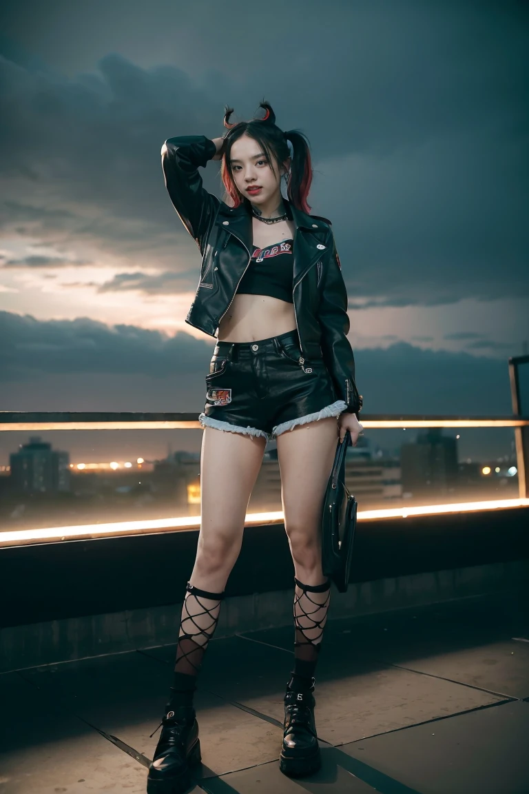 (masterpiece:1.3), (best movie quality:1.2), (medium：cartoon), (best quality),Harley Quinn standing on the roof of a city building,Dark and dramatic atmosphere,focus blur,city skyline in background,Dark clouds gather overhead,Vibrant and contrasting colors,ominous lighting,Red and black embellishments,Eye makeup smudge,Weird and naughty expression,Smiling threateningly,Holding a bat,Abandoned buildings,wind blown hair,Leather jacket and shorts,Fishnet socks,Punk fashion,The air is filled with secrets and mysteries.