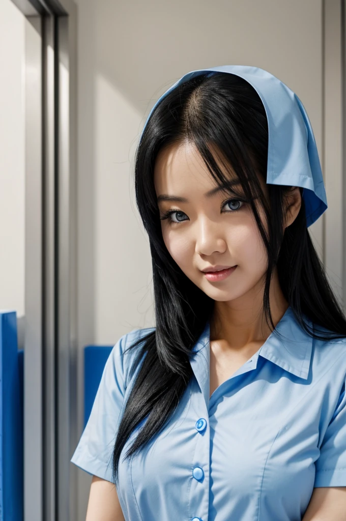 An Asian nurse with long black hair blue eyes showing her breasts 