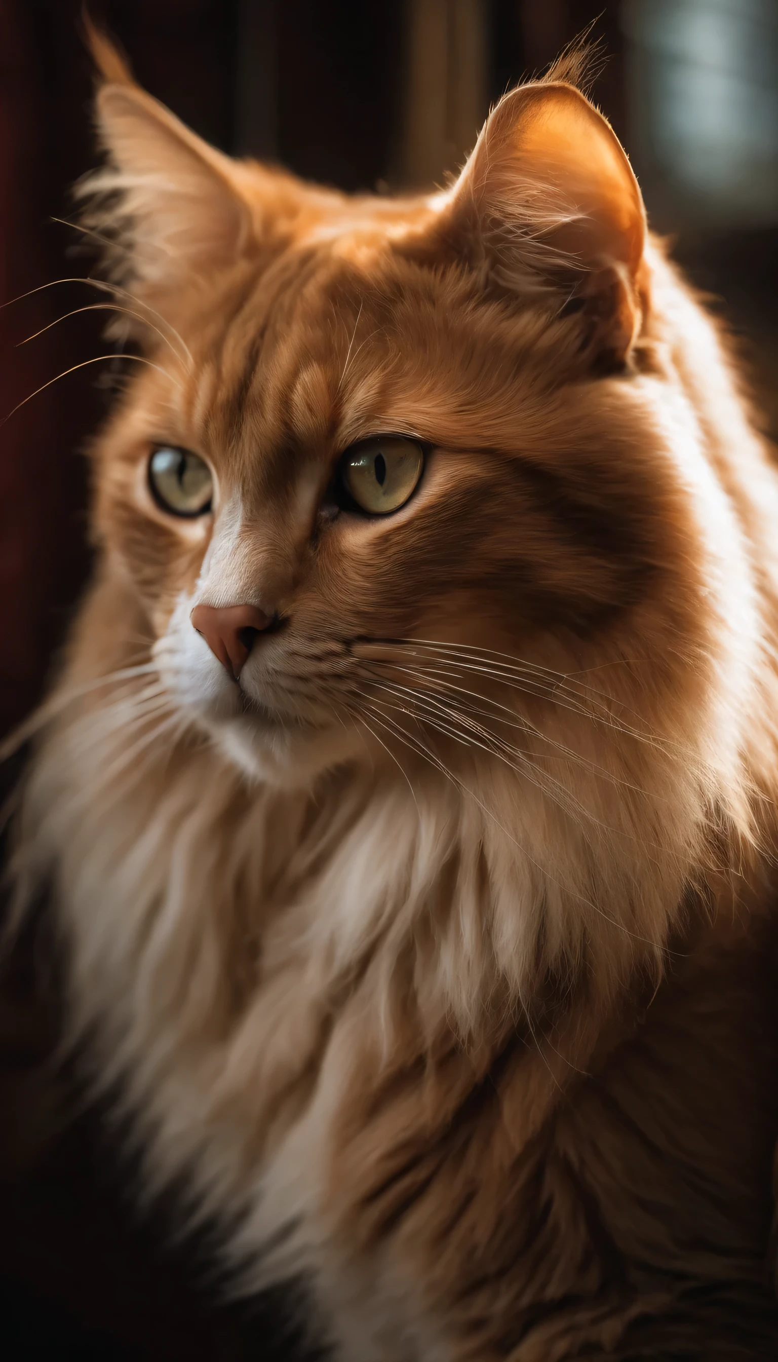 Majestic feline, piercing eyes, close-up shot, vintage film, regal posture, indoor setting, soft natural lighting, mysterious atmosphere 