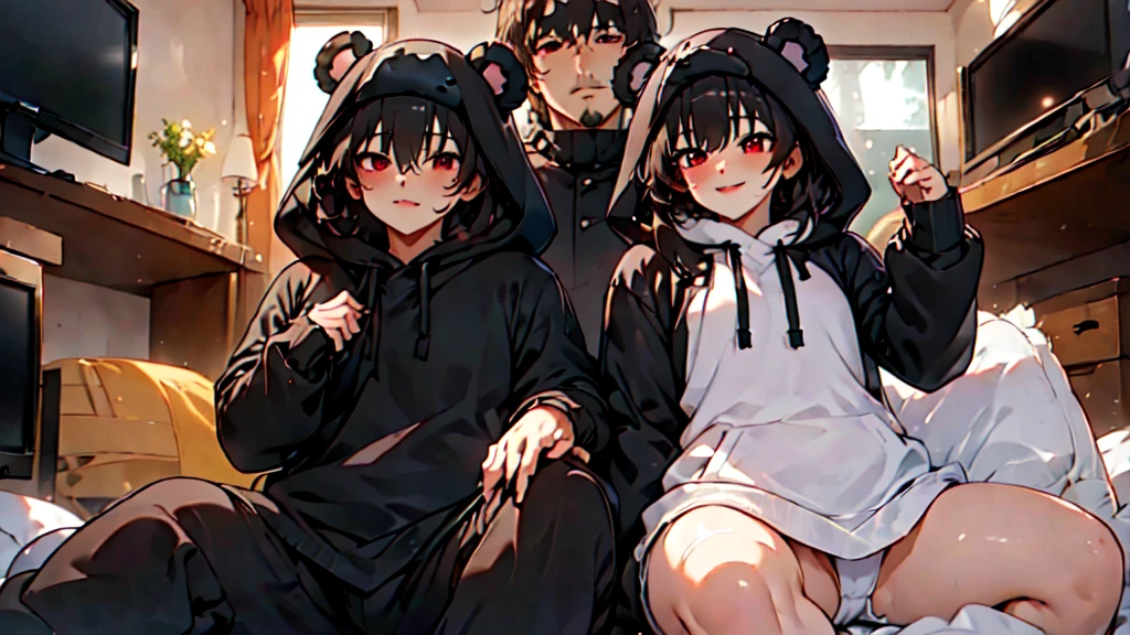 beautiful couple of man and woman (junkotvv and neocruz brown eyes), (Masterpiece), Best Quality, (extremely detailed face), extremely detailed eyes,  perfect lighting, General detail,(junkotvv) detailed, deep skin,textured skin,
,Bear costume ,black Bear costume, long sleeves, hood up,,mauve , long black fur, Red eyes, big smile,in bed ,sitting between pillows, with a bucket of Popcorn, a television in front 
,