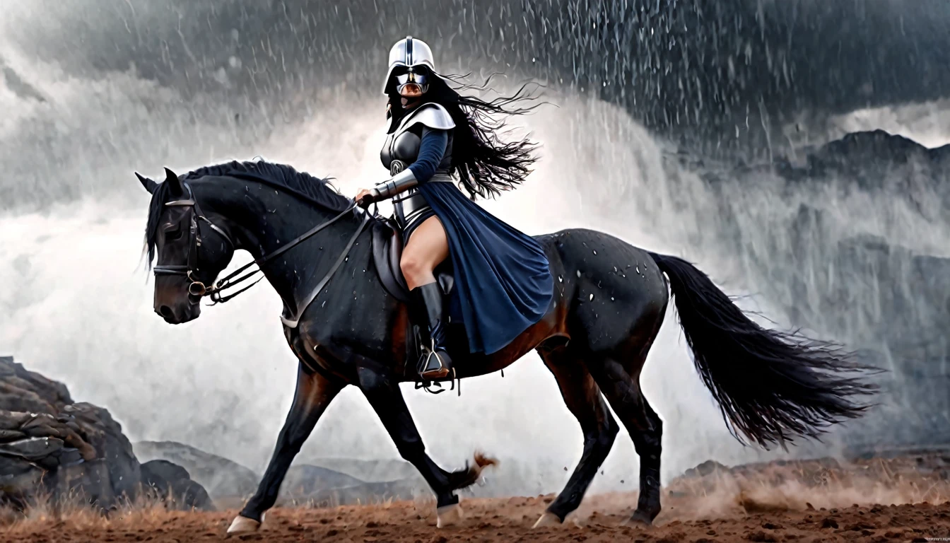 Viking with long black hair, moves with the wind, wearing full-length Darth Vader leather mask, riding a black horse, rule of thirds, Prometheus as Norse god, white skin tone, god of the underworld, black and navy blue fur dress, ashes and soot in the air, lightning rain, vlcan valley, slo mojdo, (red fog in the background), cinematic, ultra detailed, visually rich, concept art, intricate details, extremely detailed , ultra sharp focus, attention to detail, grandeur and awe, stunning visual masterpiece, double exposure, 32k, photorealistic, strong contours, cinematic scene, highest quality