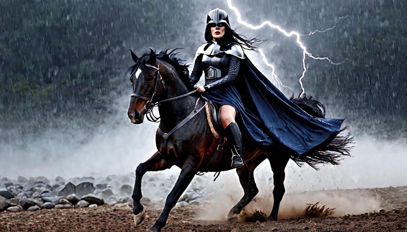 Viking with long black hair, moves with the wind, wearing full-length Darth Vader leather mask, riding a black horse, rule of thirds, Prometheus as Norse god, white skin tone, god of the underworld, black and navy blue fur dress, ashes and soot in the air, lightning rain, vlcan valley, slo negro mojdo, (red fog in the background), cinematic, ultra detailed, visually rich, concept art, intricate details, extremely detailed , ultra sharp focus, attention to detail, grandeur and awe, stunning visual masterpiece, double exposure, 32k, photorealistic, strong contours, cinematic scene, highest quality