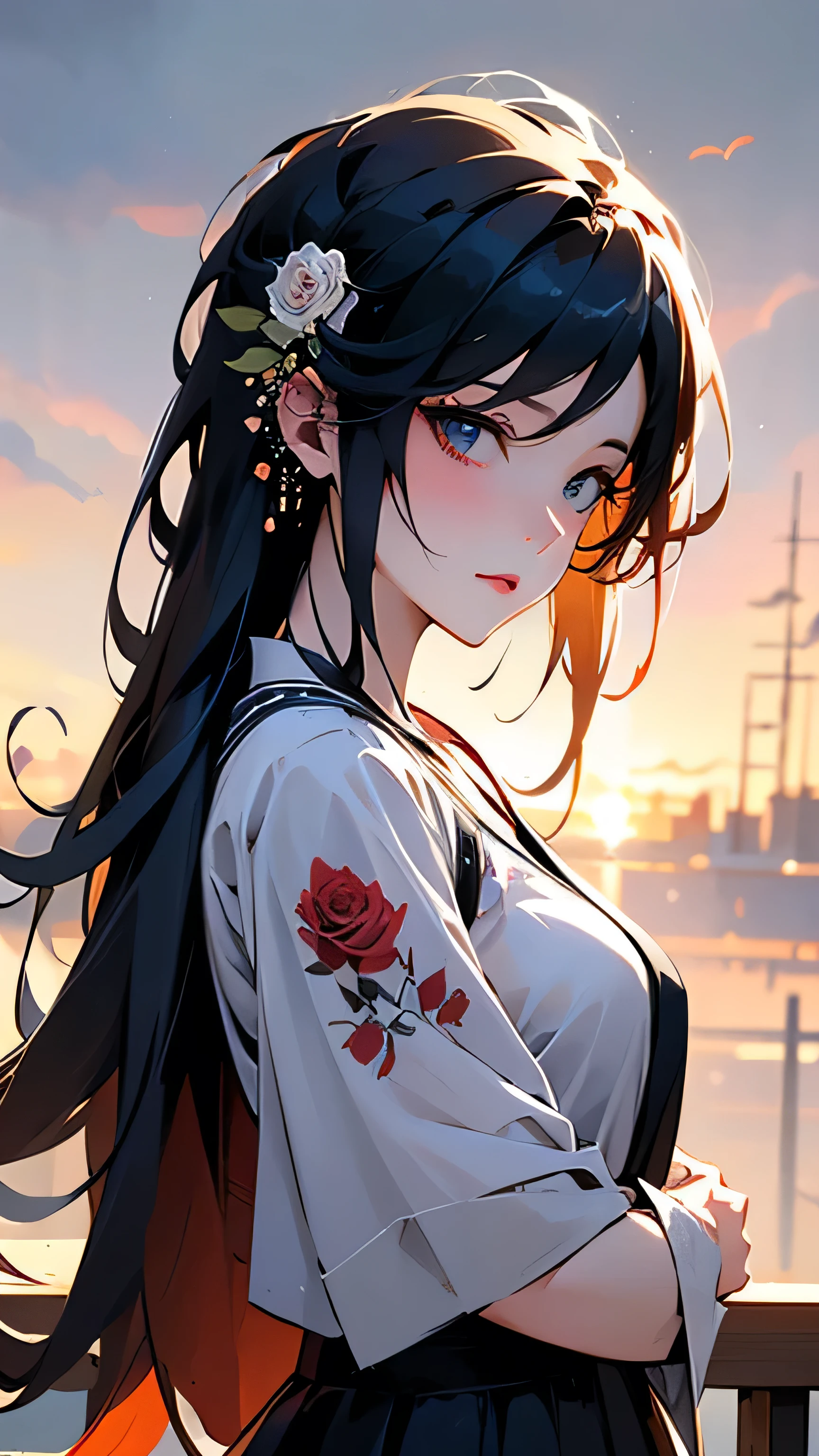 animemanga girl,Long black hair,whiteskirt,red rose, Tattooed with, Delicate and beautiful eyes, guweiz, guweiz on pixiv artstation, detailed digital anime art, Beautiful anime girls, guweiz on artstation pixiv, Anime style 4k, Guys, a beautiful anime portrait, detailed portrait of an anime girl, detailed anime art, beautiful anime woman