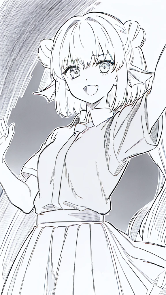 (1girl,20 years old,fit body),solo,(Line Art,white background,sketch,Pencil drawing,traditional media),long hair,white hair,finana,twintails,((white shirt,short sleeves,black standart tie,black skirt)),open mouth,outstretched hand,smile,double bun,upper body
