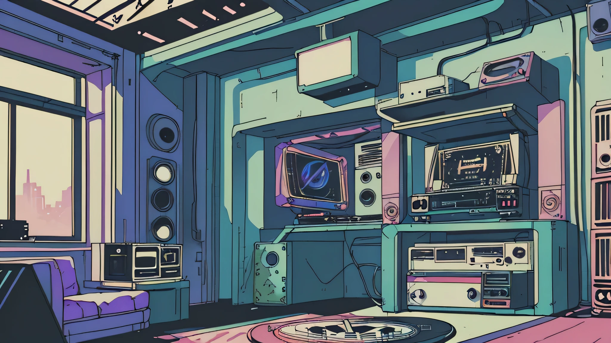 , Super detailed, Retro Wave, cyber punk, Sad mood, night light through the window, night vibes, room, 2D, (Long Shot), Wide Shot, (film noise), Old cartoons, (Lots of records:1.3), (masterpiece, Highest quality, Highest quality, Official Art, beautifully、aesthetic: 1.2), (Very detailed, (Fractal Art: 1.4), guitar, (Note: 1.4), ( Lo-fi hip hop), Indoor scenery by the window, Old Anime Texture, alone, speaker, cyber punk, vinyl, night、boy、90s、jazz