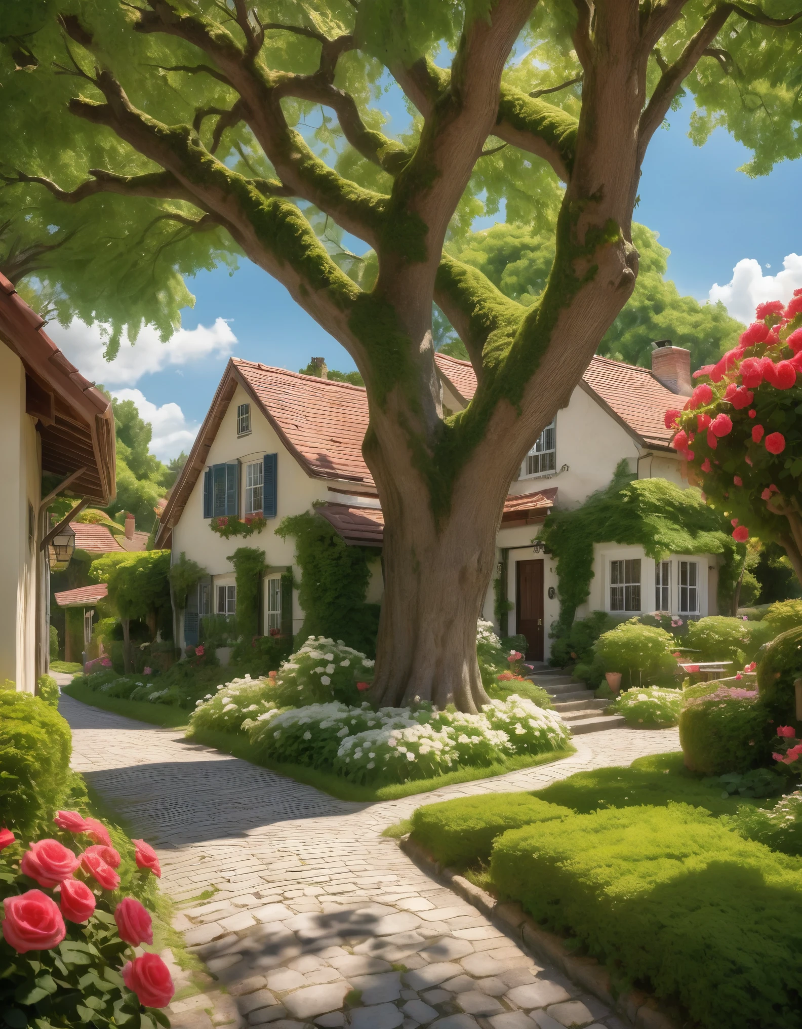 Create a vibrant and serene neighborhood scene under a clear blue sky filled with fluffy white clouds. The focal point is a large, ancient tree with a thick, textured trunk and sprawling branches covered in lush green foliage. The sunlight filters through the leaves, casting dappled shadows on a cobblestone pathway that winds through the quaint, well-kept houses with red-tiled roofs and wooden exteriors. One house prominently features a "Lazy Days" sign, a mailbox, and a flower garden filled with blooming roses and other colorful plants. The overall atmosphere is peaceful, with bright, natural colors and a warm, inviting feel. Hyper realistic photo, 16k, Vibrant colors