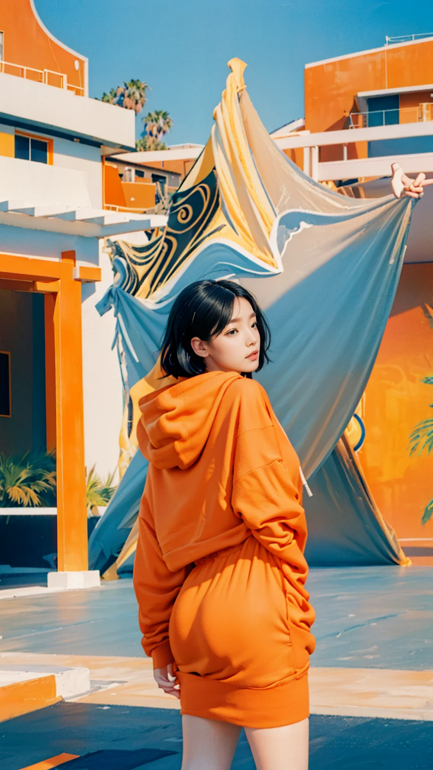1 girl, beautiful, ultra high resolution,UHD,black bob hair, almond eye, no makeup, wear ((oversized orange hoodie)), ((oversize_hoodie)), peach tennis skirt in front of ((80's mondrian architecture colorful motel)),(from below:1.2), (realistic:1.1), (surreal:1.2), (very detailed:1.1), ((masterpiece)), summer, blue sky, (palm trees),sunny, los angles vibes,