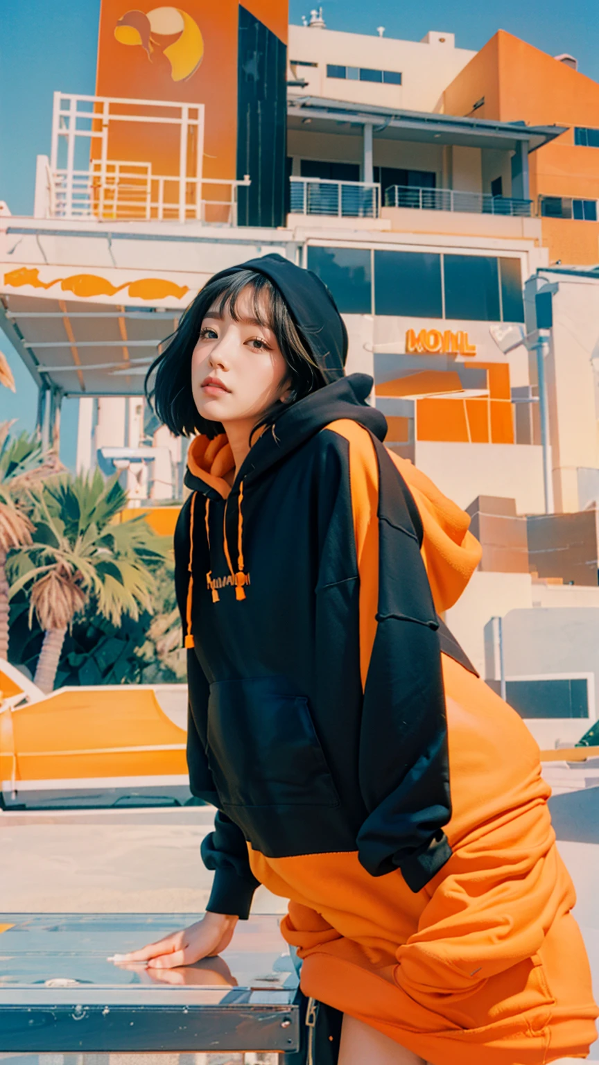 1 girl, beautiful, ultra high resolution,UHD,black bob hair, almond eye, no makeup, wear ((oversized orange hoodie)), ((oversize_hoodie)), peach tennis skirt in front of ((80's mondrian architecture colorful motel)),(from below:1.2), (realistic:1.1), (surreal:1.2), (very detailed:1.1), ((masterpiece)), summer, blue sky, (palm trees),sunny, los angles vibes,