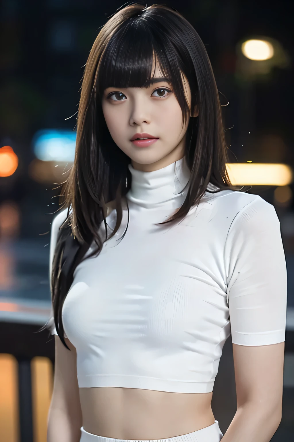 Random Pause, Mix 4,8K, RAW Photos, Highest quality, masterpiece: 1.45), (Realistic, photoRealistic: 1.37), one girl, cute, Cityscape, night, rain, wet, Professional Lighting, Photon Mapping, Radio City, Physically Based Rendering, ,, girl, {{{See-through (white tight short-sleeved turtleneck:1.2):Nipples}}}, White skin, best quality photos, High resolution, 1080P, (Clear Face), (Detailed face description), (Detailed hand description), (masterpiece), ), Extreme light and shadow, (Straight Hair:1.5}, masterpiece, Rich details, (Beautiful Face), (Highest quality photo ), (masterpiece), (bangs:1.5), Look in front of you, Thin clavicle, (Small breasts:1.4),