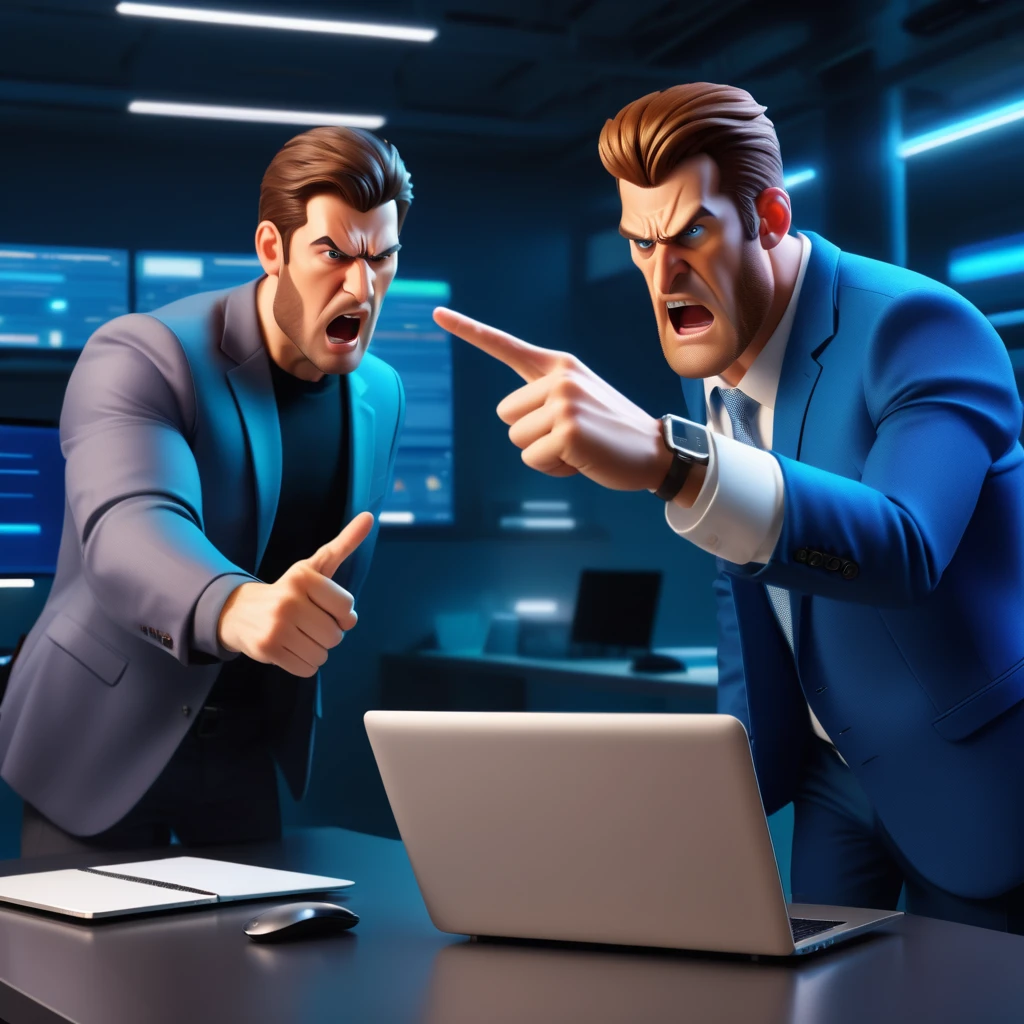 one expressionless person standing getting yelled at by angry person who is pointing at a brand new shiny super high tech laptop like it did something wrong. dark cluttered Office environment.