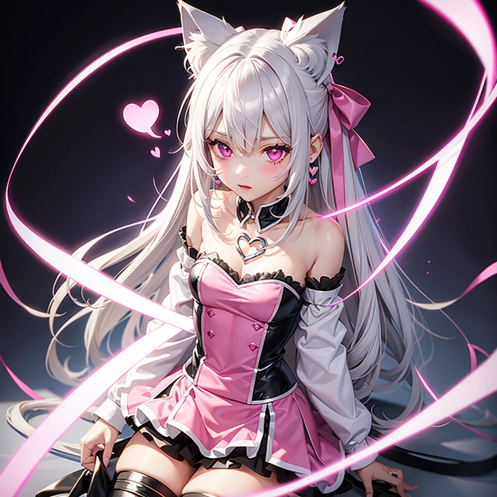 Silver hair, pink eyes, body, cat ears, sexy girl, earrings, heart background fantasy, pink uniform, hair bow