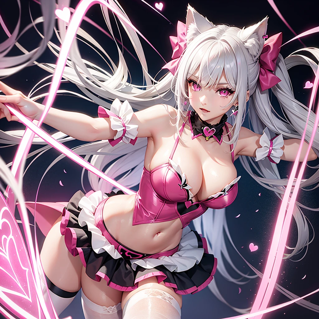 Silver hair, pink eyes, body, cat ears, sexy girl, earrings, heart background fantasy, pink uniform, hair bow