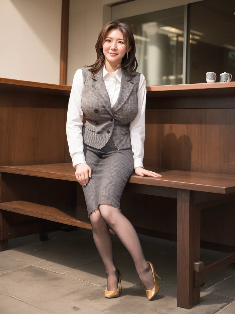 run-6500-v1.1, (RAW Photos:1.2), (Realistic), (Genuine:1.4), １girl、Perfect Anatomy、Age 35、 (High heels)、(Business services)、 quiet, A calm woman wearing a checked vest., The most elegant long wavy hairstyles:1.65, Wear a tight skirt, Thin lace tight skirt、(Ultra-realistic pantyhose:1.2), Yoshitomo Nara, , Japanese Goddess, Erotic rape-crazed sexy girl,, Intense and erotic gaze, (A very loving smile:1.2)、 ((Full Body Shot:1.16))、, Ultra-realistic skin texture、Shiny skin、(((Very large breasts, bigger than her face:1.65)))peeing self, wetting her clothes, can't hold her pee face, wetting herself desperate, pee desperation pose, her body can't hold her pee and wets herself ultra desperate in the middle of the cicty in absolute desperaton wetting herself, pee runing down her legs, standing up, hyper pee desperate face, big pee pudle