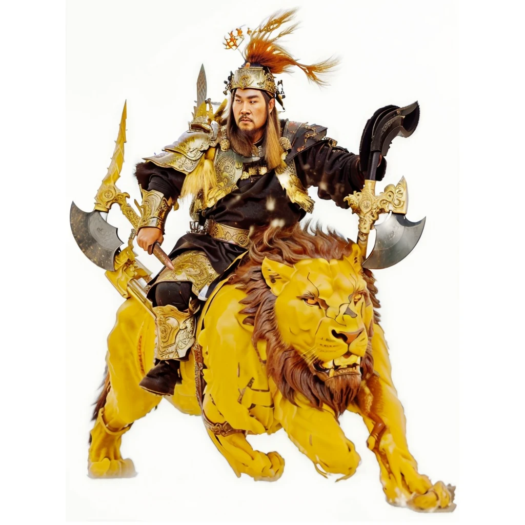 an ancient chinese warrior with armour holding axes, riding on a lion looked monster, black robe, a big bottle gourd at the back, fire on top,