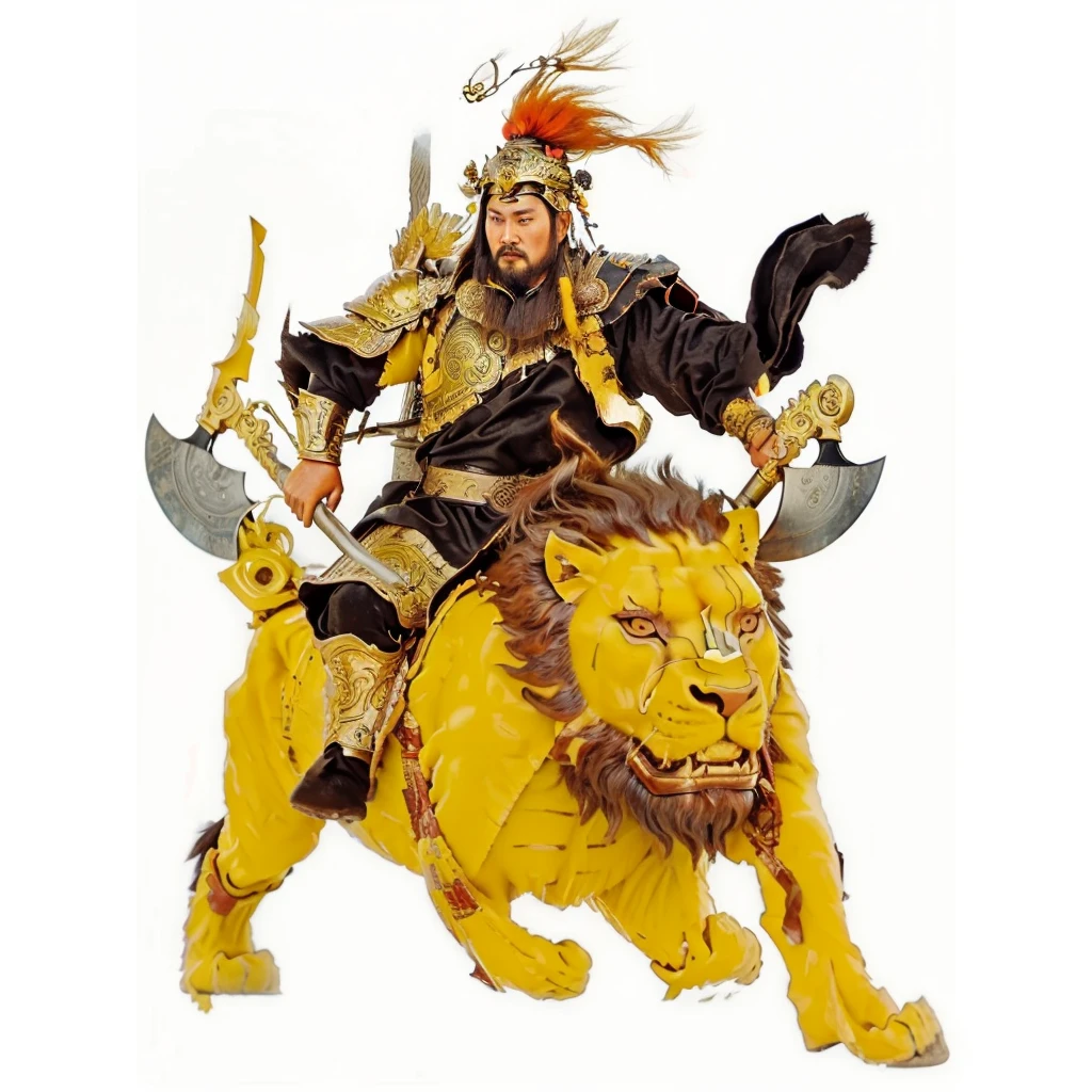 an ancient chinese warrior with armour holding axes, riding on a lion looked monster, black robe, a big bottle gourd at the back, fire on top,