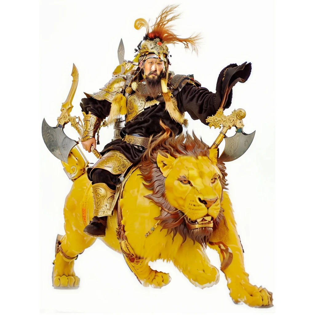 an ancient chinese warrior with armour holding axes, riding on a lion looked monster, black robe, a big bottle gourd at the back, fire on top,