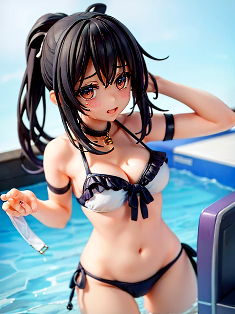 Highest quality,High resolution,1People Girl,beautiful girl,whole body,look up,looking at the camera,Big eyes,Crying face,Tears,Stringy saliva,Open your mouth wide,Sticking out tongue,Flush saliva,Overflowing with saliva,ponytail,Black Hair,Big rainbow eyes,Pool,Swimwear,競泳Swimwear,セパレートSwimwear,ワンピースSwimwear,A whistle hanging from his neck,Standing posture,