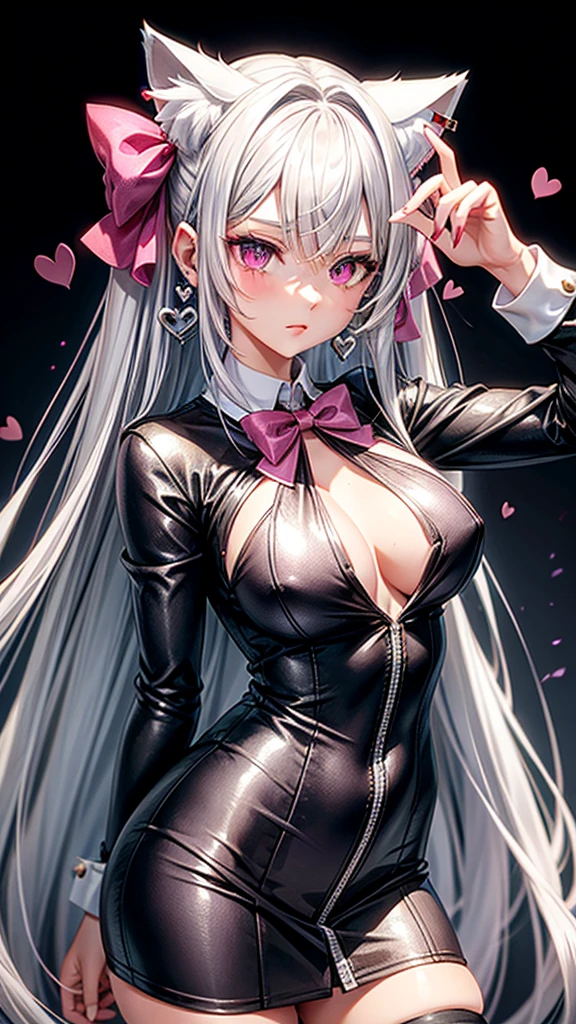 Silver hair, pink eyes, body, cat ears, sexy girl, earrings, heart background fantasy, uniform, hair bow