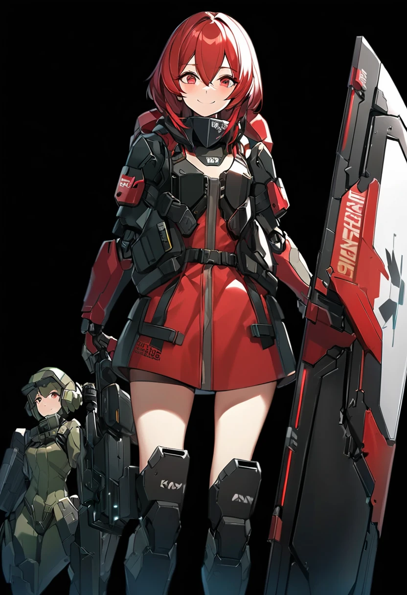 Anime-style girl in black and red outfit holding large shield, Cyberpunk Anime Girl Mecha, Wearing technical clothing, Amazing anime 8k, From Girls Frontline, Mechanized Soldier Girl, Special Assault Team, special forces, M4 Sopmod II Girls Frontline, Official character art, Kashert Kenz, Kshat Garland, ((short length red hair)), innocent, (cute), smiling, ((black background)), ((simple background)), ((holding super large shield)), ((Shield as tall as the owner's height)), ((small chest)), ((black long botoms)), , ((Kindness)), ((gentleness)), cheerful, Happy Smile, shy, `((calm))