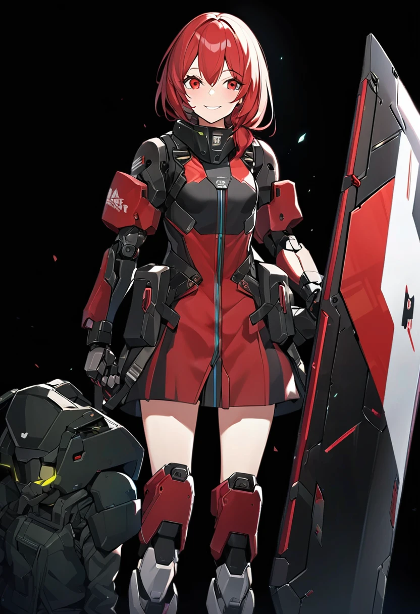 Anime-style girl in black and red outfit holding large shield, Cyberpunk Anime Girl Mecha, Wearing technical clothing, Amazing anime 8k, From Girls Frontline, Mechanized Soldier Girl, Special Assault Team, special forces, M4 Sopmod II Girls Frontline, Official character art, Kashert Kenz, Kshat Garland, ((short length red hair)), innocent, (cute), smiling, ((black background)), ((simple background)), ((holding super large shield)), ((Shield as tall as the owner's height)), ((small chest)), ((black long botoms)), , ((Kindness)), ((gentleness)), cheerful, Happy Smile, shy, `((calm))