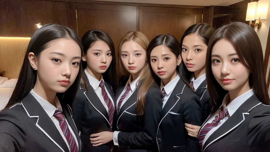 ((super high quality、High resolution、masterpiece、 Anatomically correct、Super detailed photos、Ultra-realistic photos、 Highest quality))、(2girls)、looking at viewer、((portrait))、(from below)、(huge breast)、Small waist、Detailed face、Perfect figure、Three high school girls close together、 Luxury hotel room with night view、Breast enlargement、((group photo))、((school uniform))