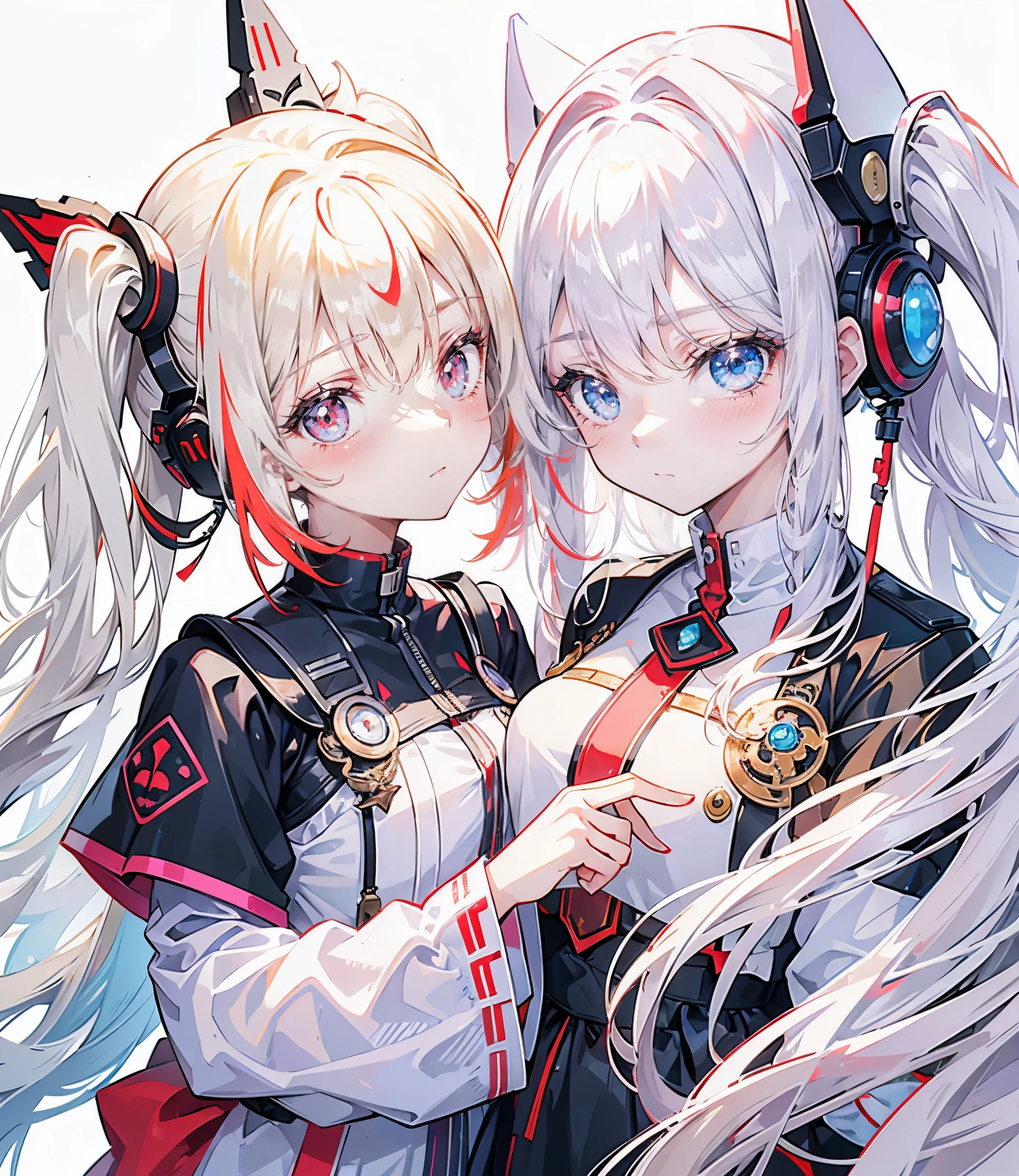 Two girls, one with beige hair and very red eyes, the other with white hair and blue eyes, twin tails, long hair, white background, colorful gemstones, light, high quality, mecha musume, Colorful portraits