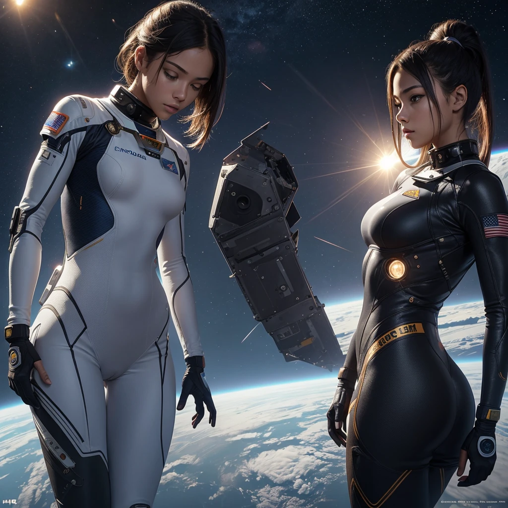 A female astronaut, Youngh, 18 to 22 years old, cyborg, slim body, big ass, thin hips, breasts small, extremely provocative clothes, perfect vagina silhouette, realisitic, HD, 4K.