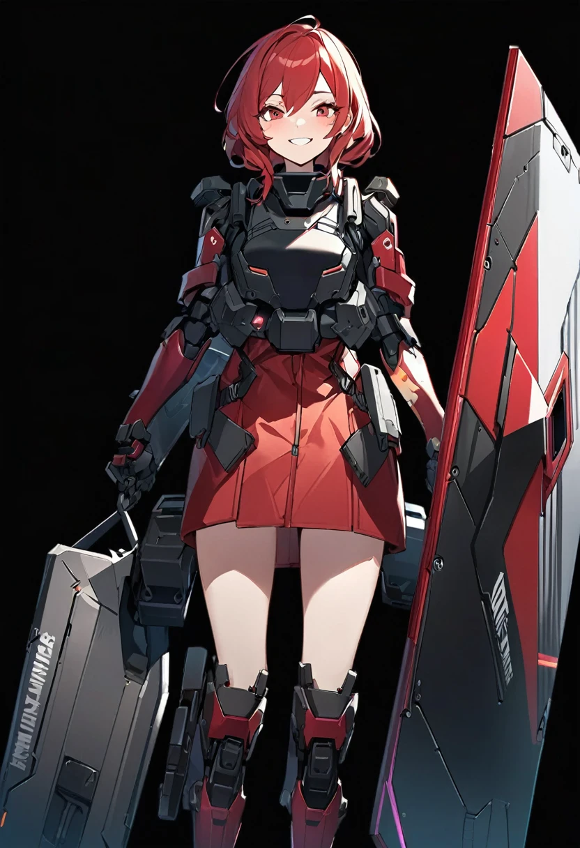 Anime-style girl in black and red outfit holding large shield, Cyberpunk Anime Girl Mecha, Wearing technical clothing, Amazing anime 8k, From Girls Frontline, Mechanized Soldier Girl, Special Assault Team, special forces, M4 Sopmod II Girls Frontline, Official character art, Kashert Kenz, Kshat Garland, ((short length red hair)), innocent, (cute), smiling, ((black background)), ((simple background)), ((holding super large shield)), ((Shield as tall as the owner's height)), ((small chest)), ((black long botoms)), , ((Kindness)), ((gentleness)), cheerful, Happy Smile, ((calm)), shy