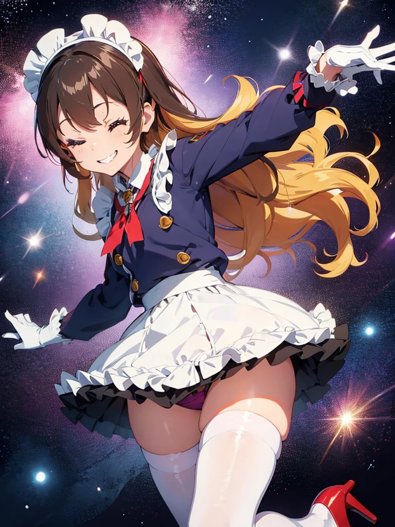 an anime character with her legs spread wide in high heels is bent over in tight stockings, 1girl, solo, ass, underwear, panties, simple background, smile, thighhighs, high heels, long hair, black panties, maid, one eye closed, maid headdress, looking back, gloves, white background, looking at viewer, shiny, bangs, white gloves, Blonde hair, grin, frills, breasts, bent over, shiny skin, dress, full body, black thighhighs
