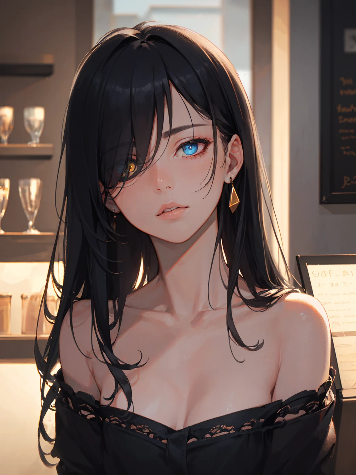 (front view) very detailed photograph of a italian man, detailed coffee shop background, (with black hair), (hair over one eye), (heterochromia), detailed collarbone, perfect collarbone, (dark eyes) (symmetric handsome face) nice and well defined nose, (well marked and angular jaw), proportioned and full lips, stunning realistic photography, realistic soft color, octane render, intricately detailed, sharp focus, stunning full color, shot on DSLR camera, 32k resolution, best quality, (focus on skin texture)