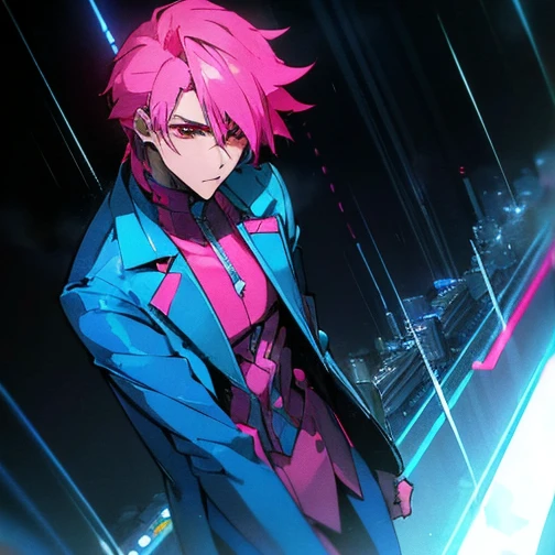 (Highest quality), (masterpiece), (Super detailed), (Shortcuts), (Two-block hair), (Bright pink hair), (Red eyes), (Cool pose), (Blue suit), (neon), (neonデイライト), (Cinematic), (stylish), (High resolution), (Soft Town), (Nightcore), (a handsome guy), (PSYCHO-PASS anime style), (Low - Angle), (Wet with rain),