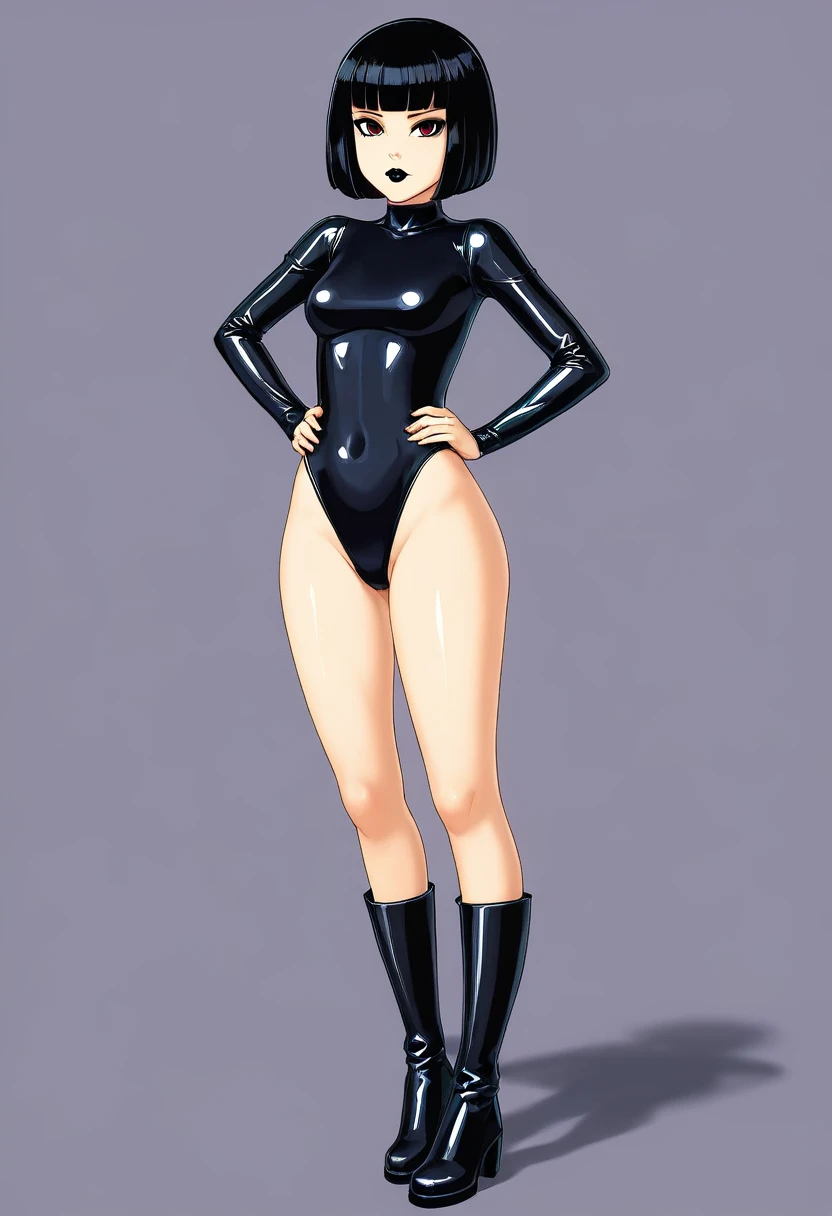 ((1girl, solo)), light skin, red eyes, black hair, bob cut, blunt bangs, short hair, ((skin tight leotard, latex leotard, black lipstick, black eyeshadow)), ((long sleeve leotard, highleg leotard, black leotard, cameltoe, bare legs, black boots)), serious face, hands on hips, standing, full body,