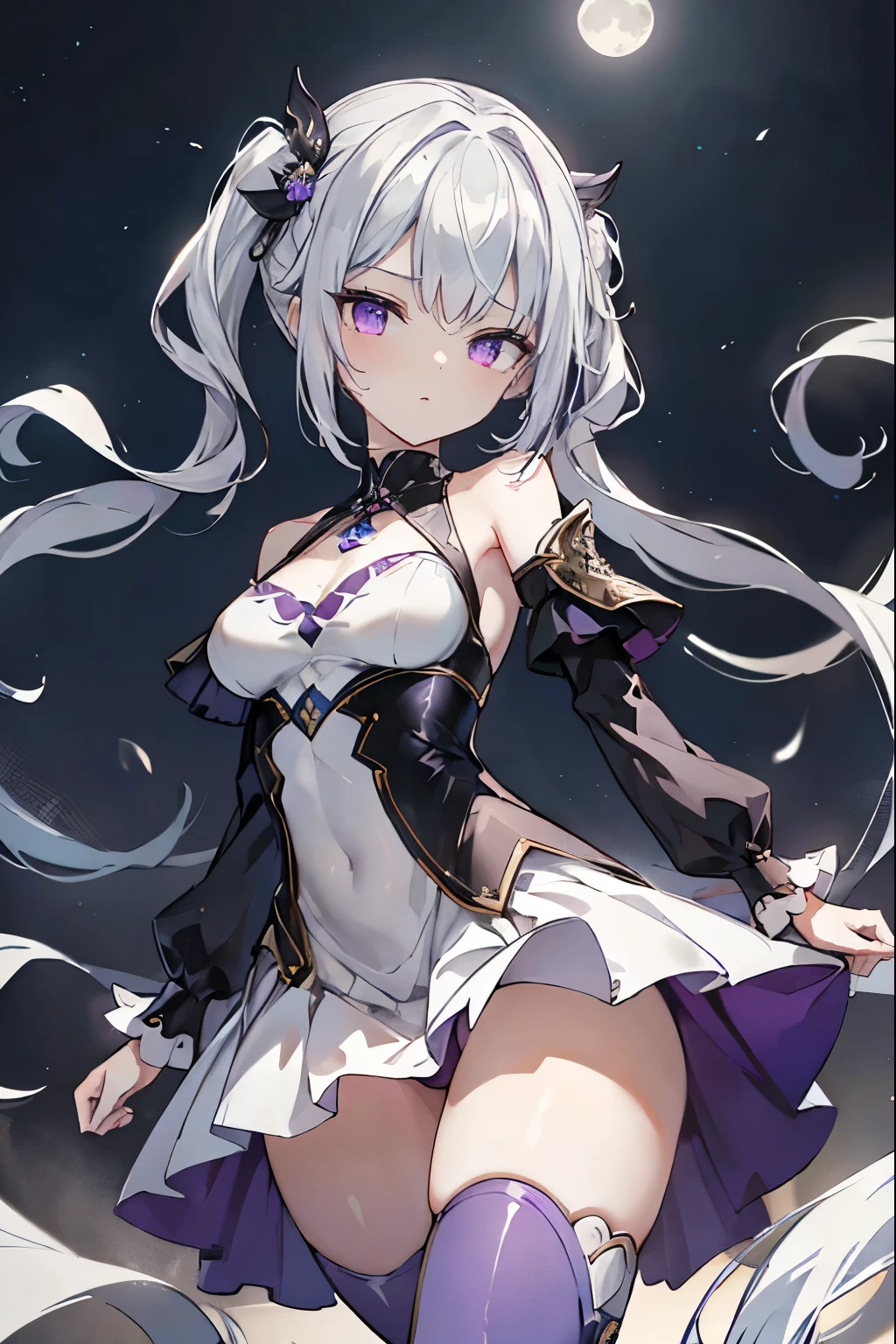1girl, アニメ, cute girl, blank background, white background, fantasy, detailed fantasy dress with highlights, beautiful face, beautiful eyes, dark colors, black hair with multicolor streaks, red eye with different color pupil in eye, multicolor eye, medium breasts, slight cleavage, beautiful skin, cute, breast curtains, extremely delicate and beautiful, (beautiful detailed face:1.0), (detailed deep eyes), symmetrical breasts, deep eyes, shiny skin, portrait, slender waist, hips wider than shoulders, thighs, expressionless, young girl, luminous eyes, adorable,(Kpop idol),(aegyo sal:1),(Platinum blonde hair:1),((puffy eye)),Black panty,sexy posture,Superskirt, Ultra-high resolution,Black collar,slim figure, Abdominal y tattoo, womb tattoo,Tight-fitting leg ring,y tattoo on half-body,Bare skin, Armored hand,Hidden fingertips,Hand covered,Arm covered,Fist covered,{{beautiful detailed fingers}}, tufts of hair, moderate beautiful breast:1.0,(masterpiece:1.2), best quality, high-res, HDR, perfect face, intricate armor, delicate blue filigree, intricate filigree, red metalic parts, detailed part, dynamic pose, dynamic lights, cute face, neutral expression, shuimobysim, lotus, Hanfu, maxi skirt, dress conservatively 1girl, 独奏, long blue hair, standing, One lady,14years,((White hair) ,(Shiny purple bodysuit with microskirt),((Fantasy, Moon Night)), gradient_eyes,
