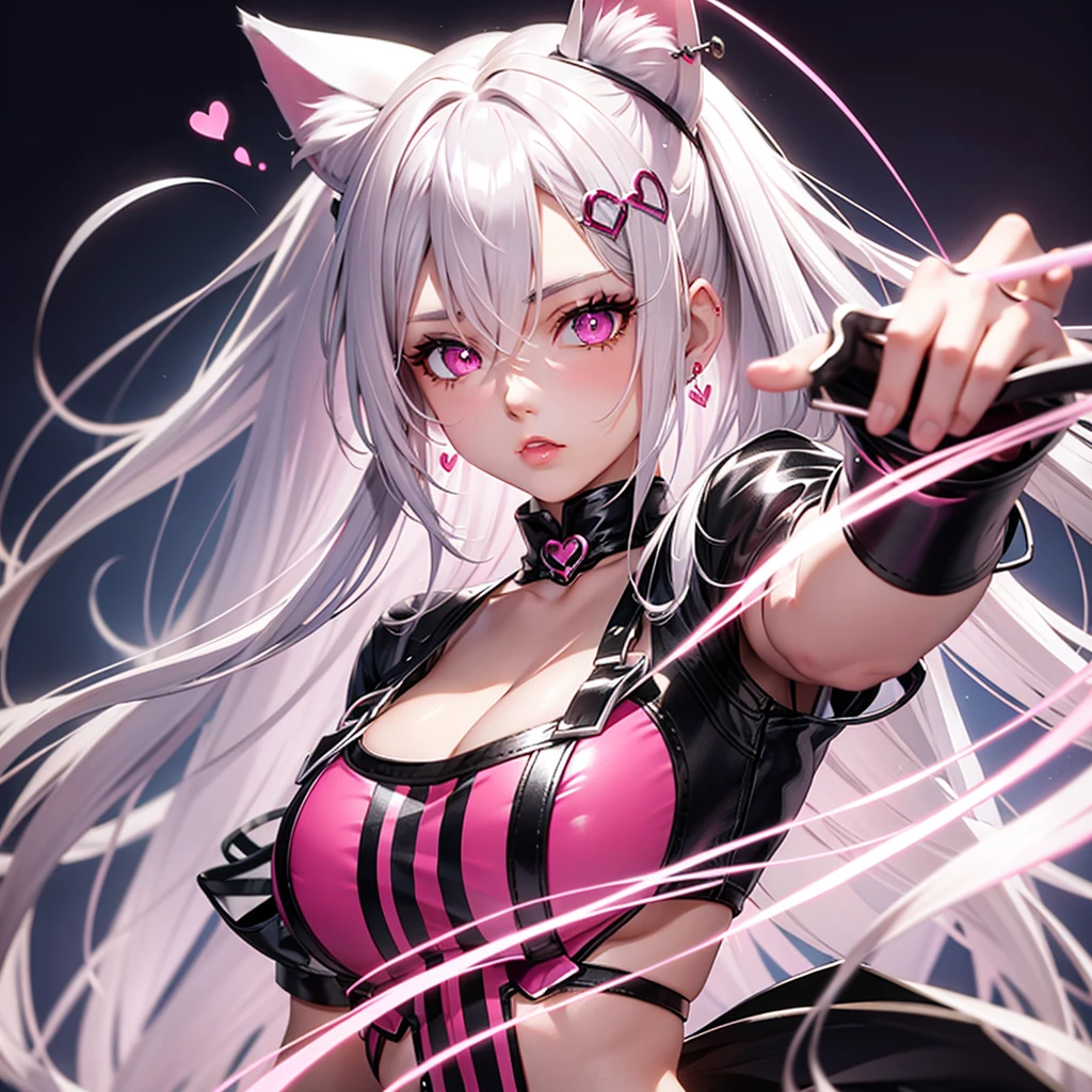 Silver hair, pink eyes, body, cat ears, sexy girl, earrings, heart background fantasy, red pink uniform, hair bow