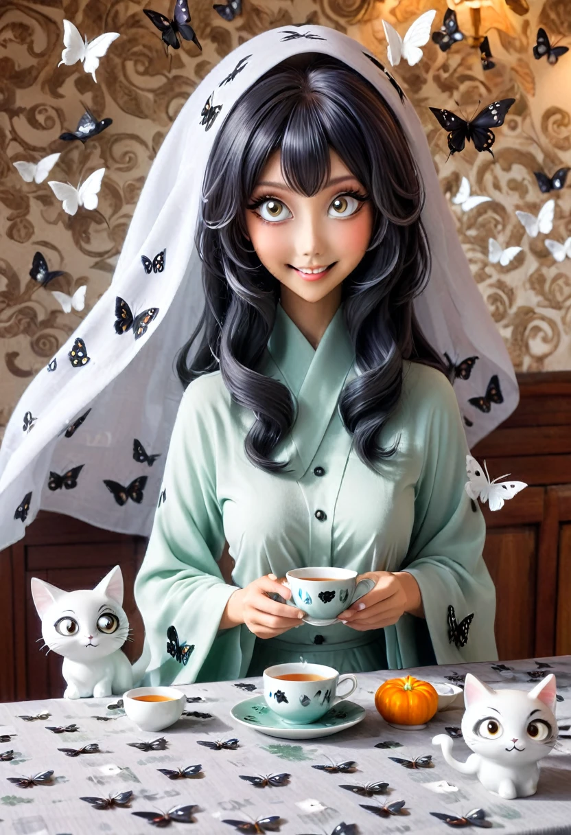 The beautiful Tatsumaki, With her huge eyes she looks amazed and with a big smile while she drinks tea from ceramic cups with ghostly cat shapes while the butterflies flutter around the table and the tablecloth..
