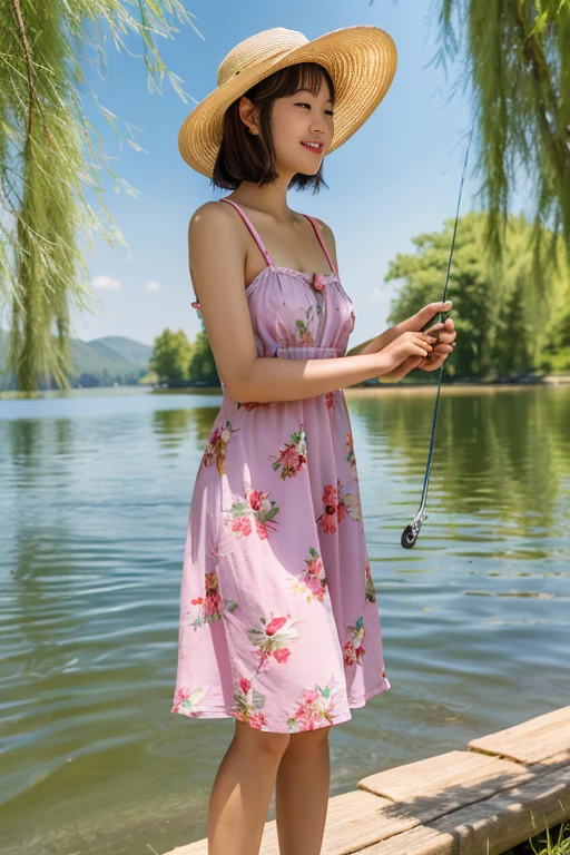 1 korean girl, normal girl, Secluded Lakeside Fishing Retreat: Craft an image of an adult woman with a sun hat and a fishing rod, enjoying a peaceful day by a secluded lakeside. The woman, in a vintage sundress, (engages in fishing under the shade of willow trees). The serene lakeside retreat,