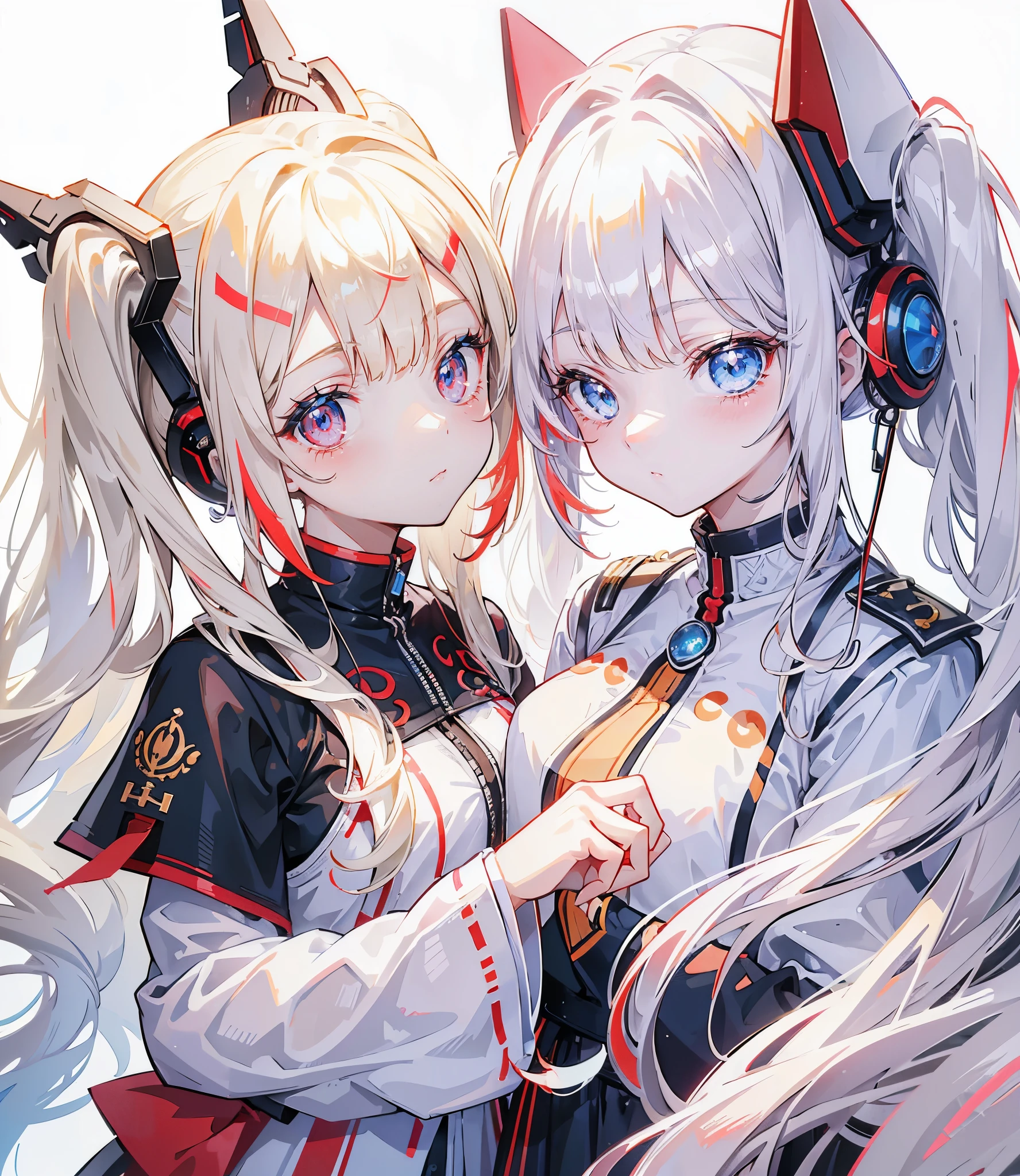 Two girls, one with beige hair and very red eyes, the other with white hair and blue eyes, twin tails, long hair, white background, colorful gemstones, light, high quality, mecha musume, Colorful portraits 