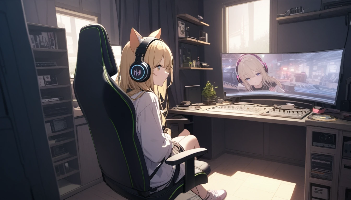 Beautiful girl listening to music with headphones、Cat ears on headphones、Blonde、Eyes closed、Inside the room、Sitting on a game chair　