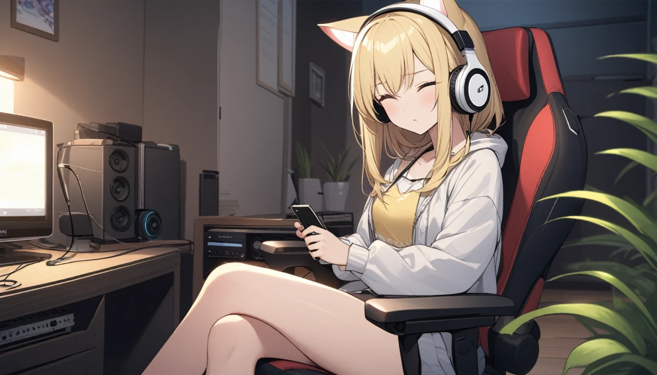 Beautiful girl listening to music with headphones、Cat ears on headphones、Blonde、Eyes closed、Inside the room、Sitting on a game chair